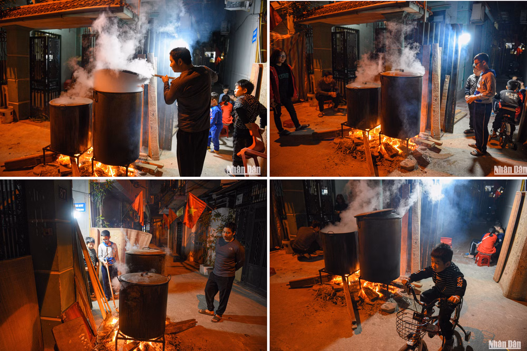 Một nhà nấu bánh chưng cả con ngõ nhỏ tấp nập, người lớn trông bếp, trẻ nhỏ thì vui đùa cả đêm.