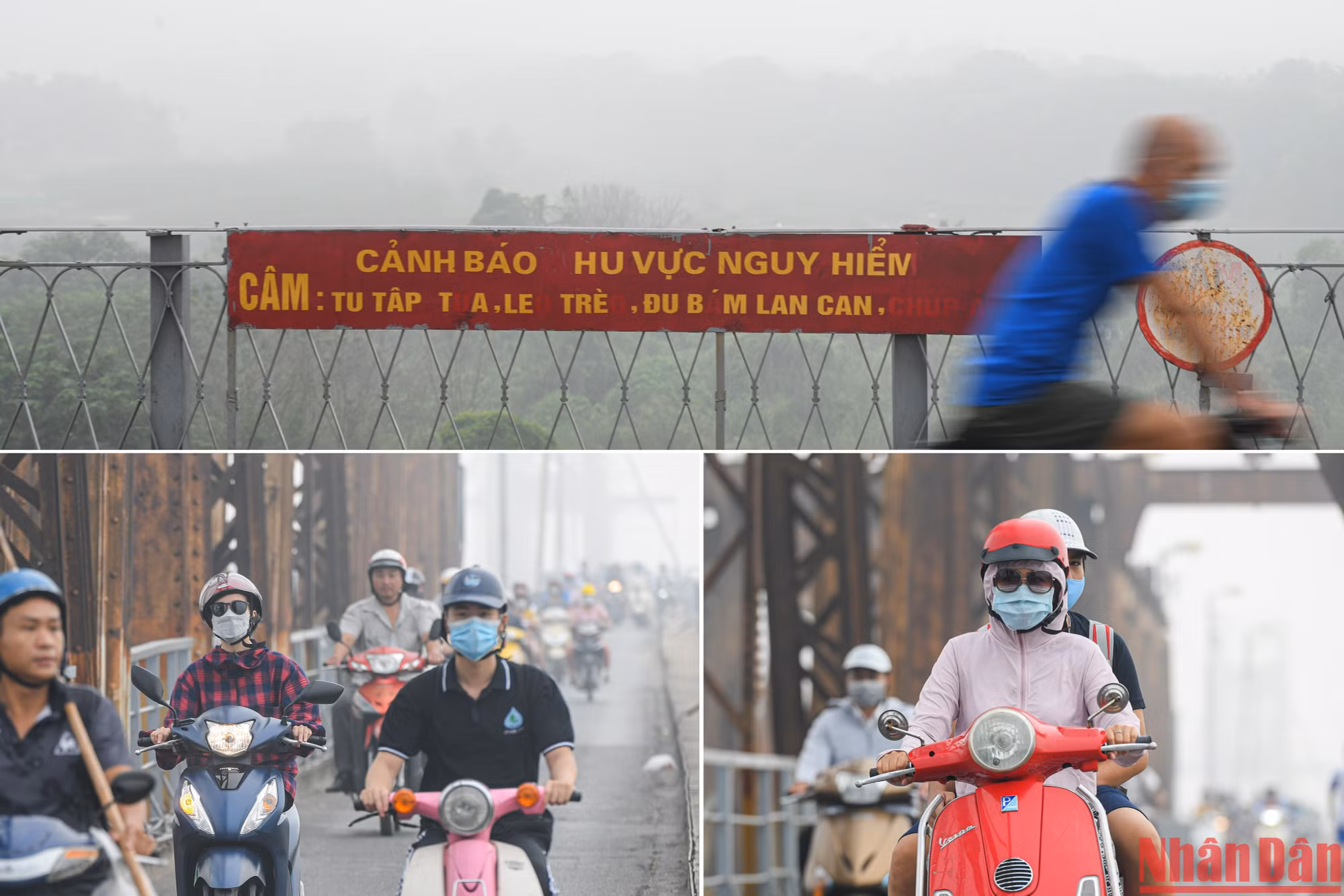 Tại cầu Long Biên, một số phương tiện xe máy bật đèn trong khi tham gia giao thông trên đường do sương mờ ảnh hưởng tầm nhìn, khó quan sát.