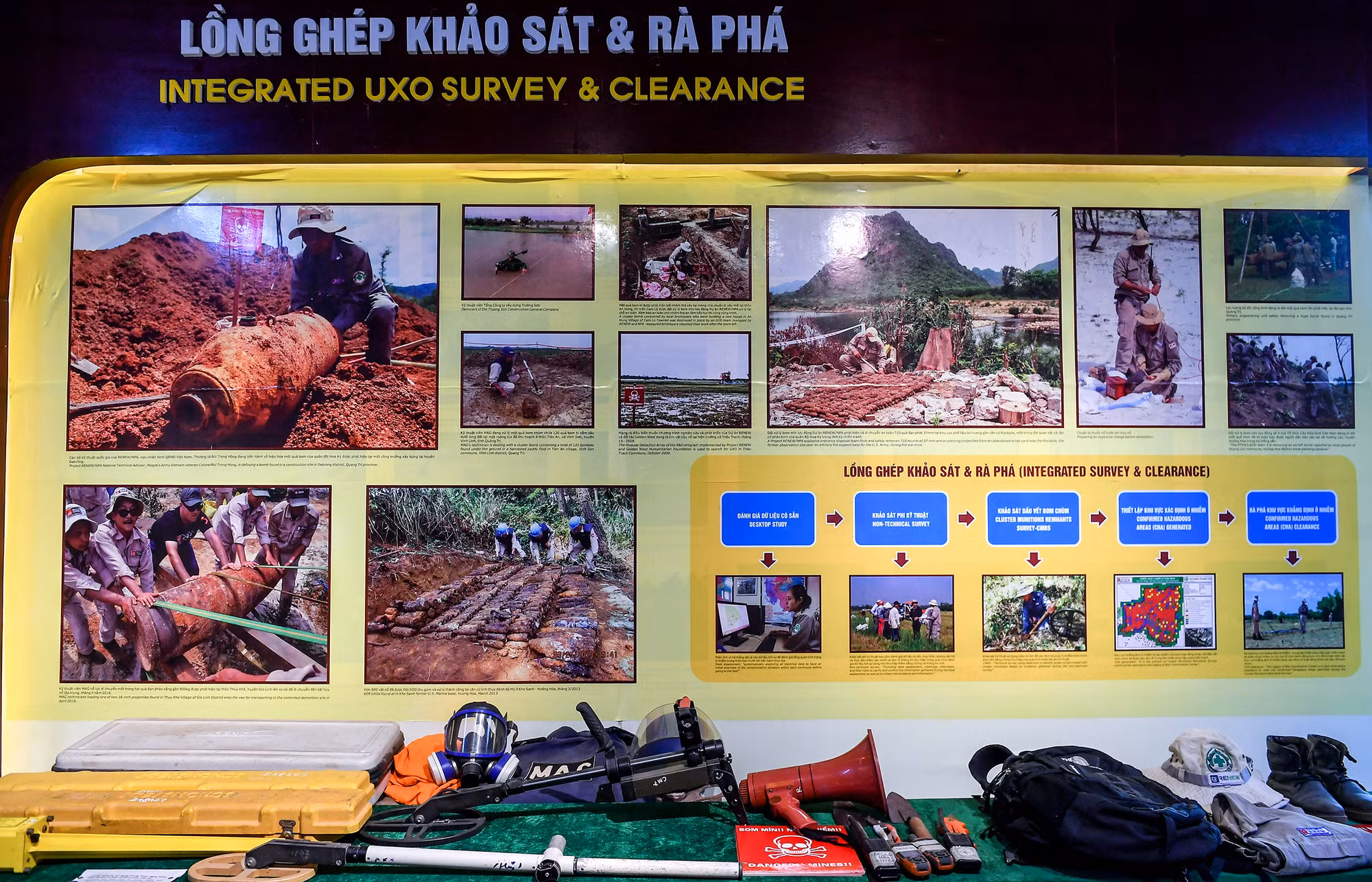 Khu trưng bày "Lồng ghép khảo sát và rà phá" với những hiện vật là những dụng cụ chuyên dụng và hiện đại để rà phá bom mìn, vật nổ. Sự tham gia từ các tổ chức quốc tế đã giúp quá trình "làm sạch" các vùng đất của Quảng Trị được đẩy nhanh hơn và đạt được nhiều kết quả tích cực. Khu trưng bày "Lồng ghép khảo sát và rà phá" với những hiện vật là những dụng cụ chuyên dụng và hiện đại để rà phá bom mìn, vật nổ. Sự tham gia từ các tổ chức quốc tế đã giúp quá trình "làm sạch" các vùng đất của Quảng Trị được đẩy nhanh hơn và đạt được nhiều kết quả tích cực.