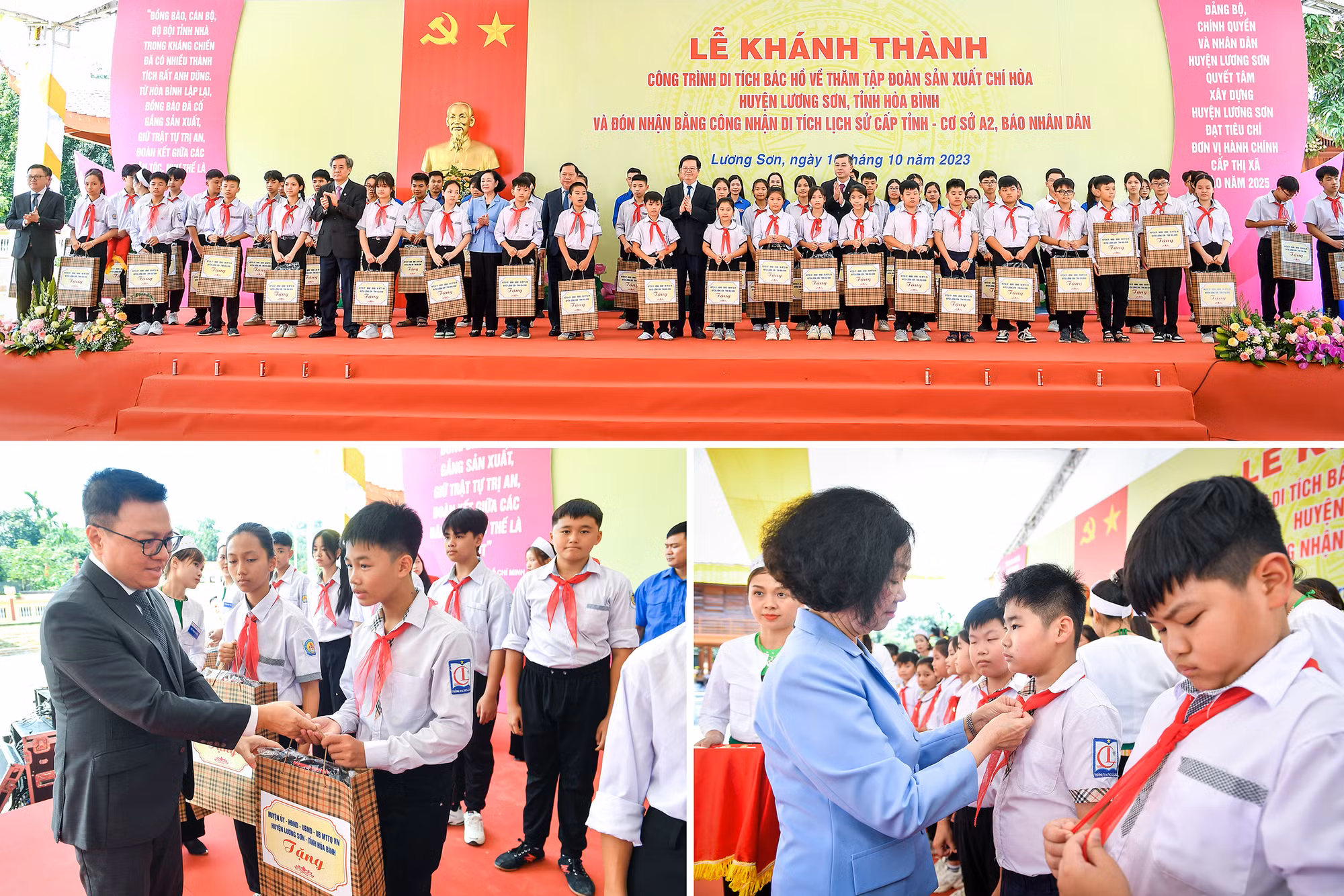 Đồng chí Trương Thị Mai cùng các đồng chí lãnh đạo trao tặng Huy hiệu Bác Hồ cho 65 học sinh tiêu biểu của huyện Lương Sơn.