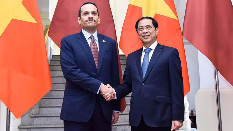 Bộ trưởng Ngoại giao Bùi Thanh Sơn và Phó Thủ tướng, Bộ trưởng Ngoại giao Nhà nước Qatar Sheikh Mohammed bin Abdulrahman Al-Thani. (Ảnh: TTXVN)