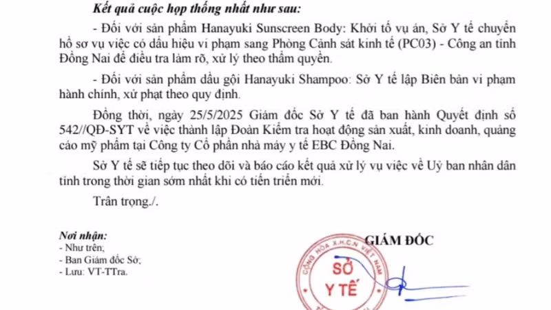 Các lực lượng chức năng tỉnh Đồng Nai thống nhất khởi tố vụ án, làm rõ hành vi sản xuất hàng giả đối với sản phẩm Hanayuki Sunscreen Body của Công ty cổ phần nhà máy y tế EBC Đồng Nai. Các lực lượng chức năng tỉnh Đồng Nai thống nhất khởi tố vụ án, làm rõ hành vi sản xuất hàng giả đối với sản phẩm Hanayuki Sunscreen Body của Công ty cổ phần nhà máy y tế EBC Đồng Nai.