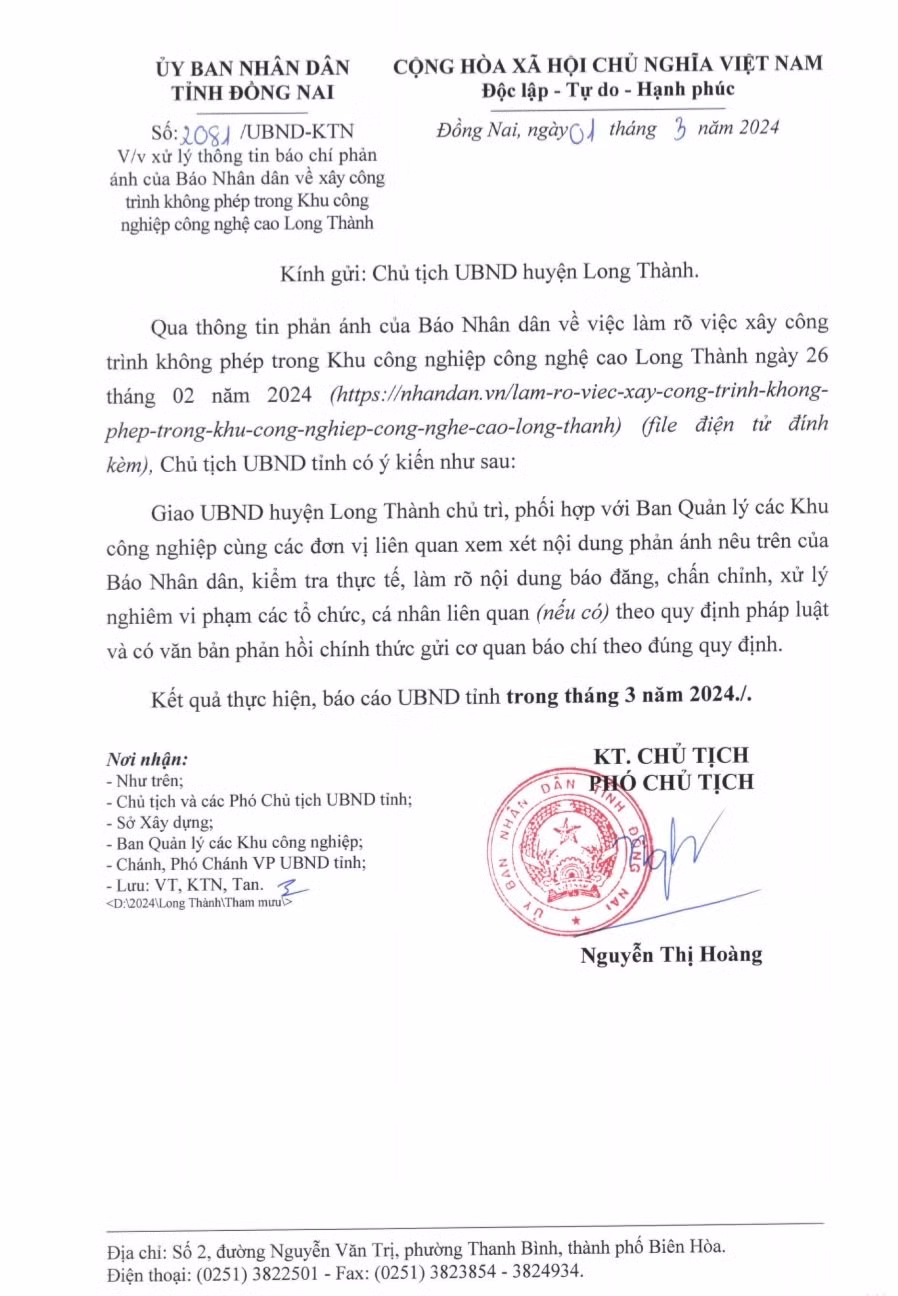 Công văn số 2081 của Ủy ban nhân dân tỉnh Đồng Nai.