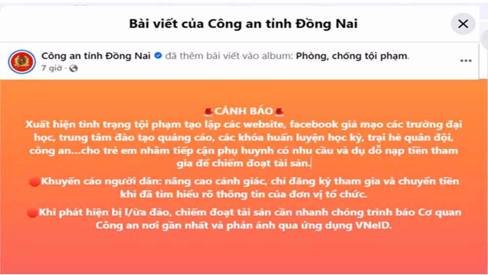 Thông tin cảnh báo trên trang Fanpage chính thức của Công an tỉnh Đồng Nai. (Ảnh chụp màn hình).