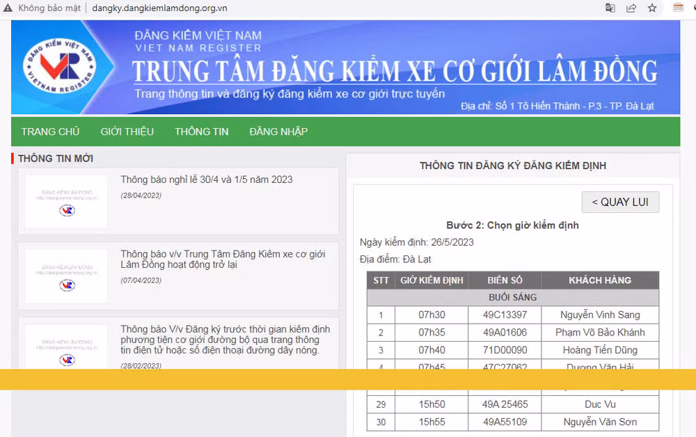 Thông tin đăng ký kiểm định trên trang web Trung tâm đăng kiểm xe cơ giới Lâm Đồng đã kín lịch đến ngày 26/5. Thông tin đăng ký kiểm định trên trang web Trung tâm đăng kiểm xe cơ giới Lâm Đồng đã kín lịch đến ngày 26/5.