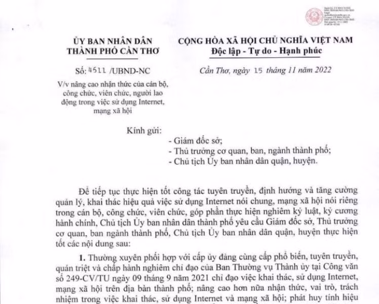 Văn bản của Chủ tịch UBND TP Cần Thơ chỉ đạo cán bộ, công viên chức nâng cao nhận thức về sử dụng mạng xã hội.