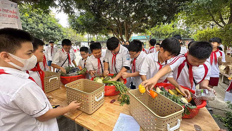 Học sinh Trường trung học cơ sở Nam Trung Yên, quận Cầu Giấy, tham gia trò chơi dinh dưỡng cầu vồng, tháng 12/2023. Các loại rau, củ, quả có màu sắc tương ứng màu sắc của cầu vồng, mỗi màu sắc có một giá trị dinh dưỡng và tác dụng khác nhau với sức khỏe. (Ảnh: Dự án cung cấp)