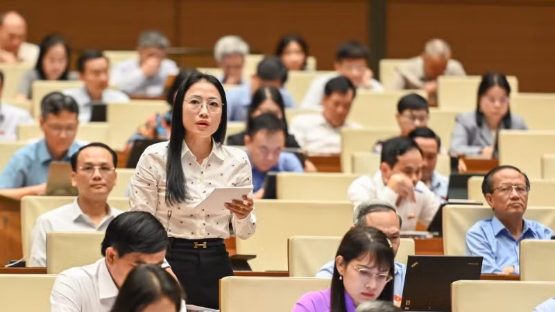 Đại biểu Quốc hội Trần Khánh Thu (đoàn Thái Bình) phát biểu đóng góp ý kiến về dự thảo Luật Nhà giáo. (Ảnh: BÙI GIANG)