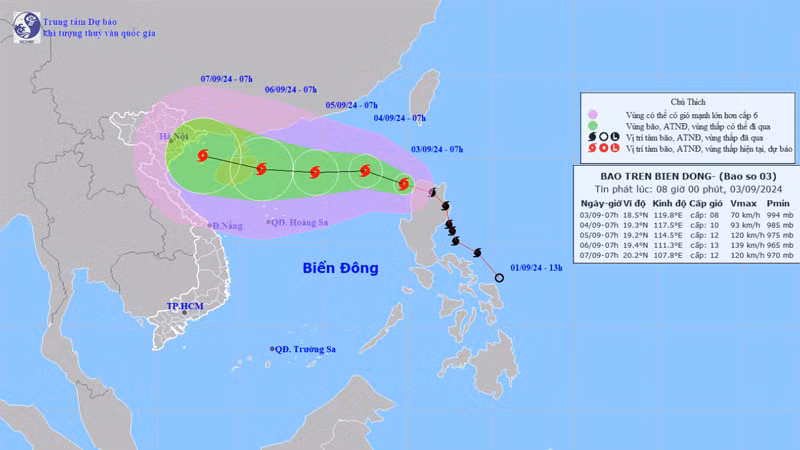 Vị trí và hướng di chuyển của bão số 3. (Nguồn: nchmf.gov.vn)