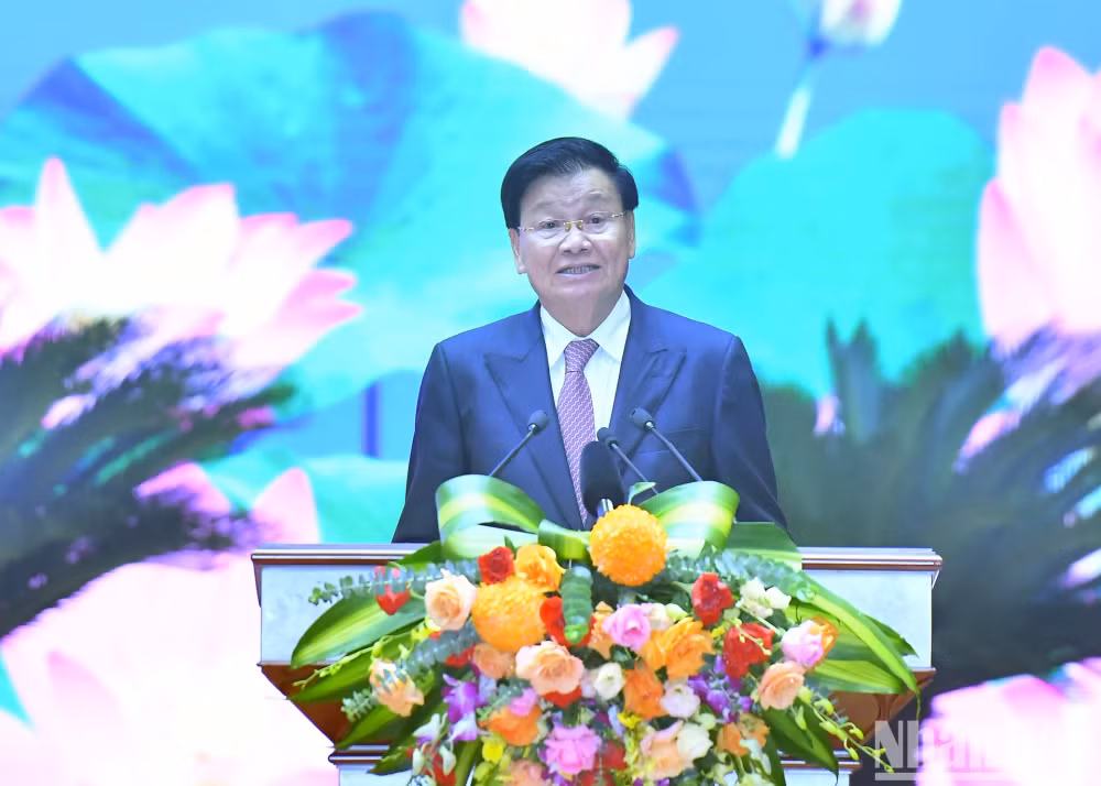 Tổng Bí thư, Chủ tịch nước Lào Thongloun Sisoulith phát biểu. (Ảnh: ĐĂNG KHOA-THỦY NGUYÊN)