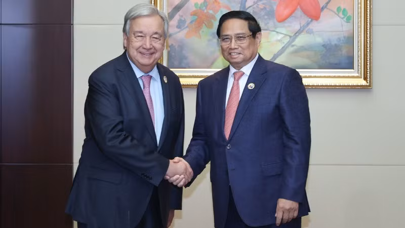 Thủ tướng Chính phủ Phạm Minh Chính và Tổng Thư ký Liên hợp quốc António Guterres. (Ảnh: Nhật Bắc/VGP)