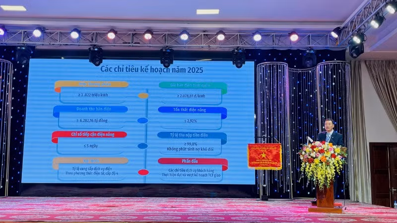 Giám đốc Công ty TNHH Một thành viên Điện lực Ninh Bình Trần Đăng Sơn phát biểu tại hội nghị.