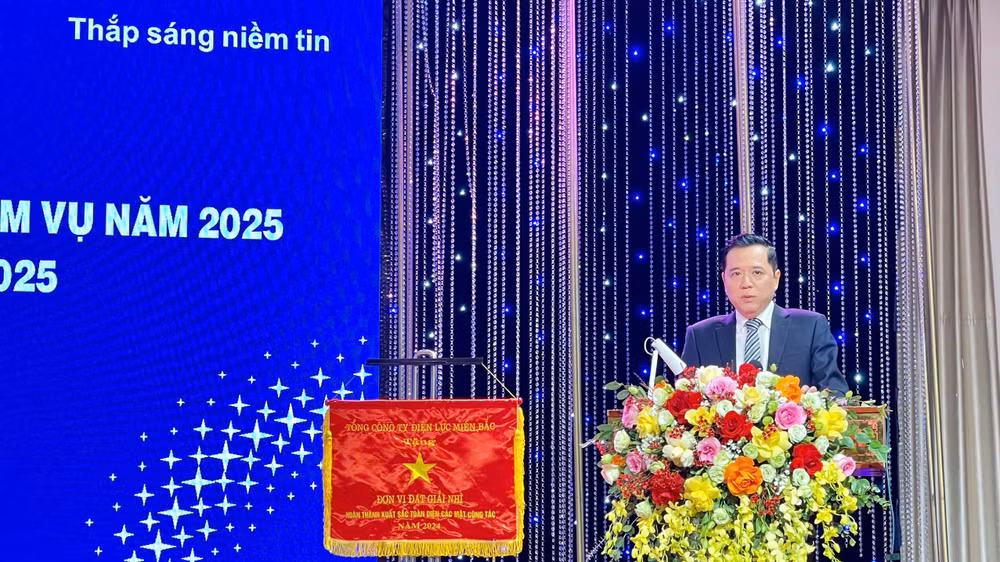 Đồng chí Bùi Lê Cường, thành viên Hội đồng thành viên Tổng Công ty Điện lực miền Bắc phát biểu tại hội nghị.
