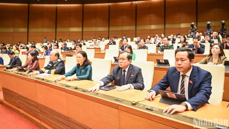 Các đại biểu Quốc hội thông qua Luật Bảo hiểm xã hội tại Kỳ họp thứ 7, Quốc hội khóa XV. (Ảnh DUY LINH)