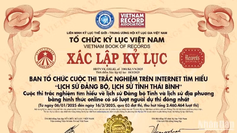 Tổ chức Kỷ lục Việt Nam xác lập kỷ lục về cuộc thi tìm hiểu "Lịch sử Đảng bộ, lịch sử tỉnh Thái Bình".