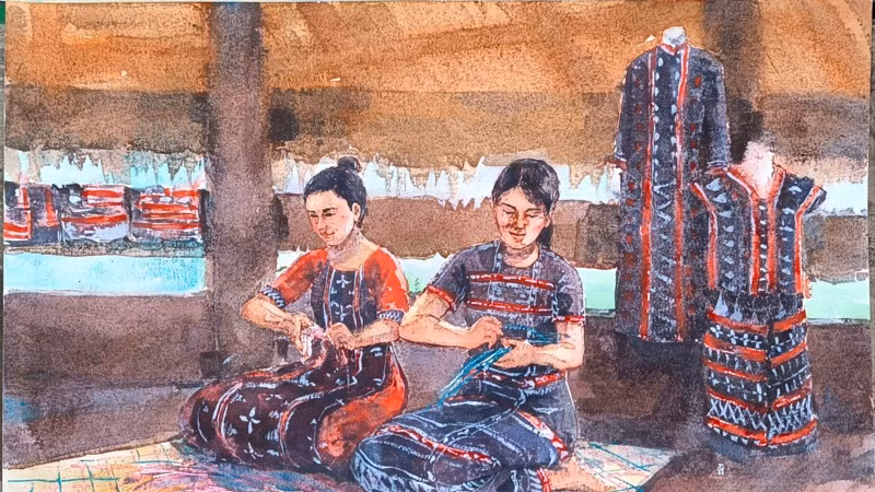 Tác phẩm "Phụ nữ Tà Ôi đan chiếu cói" của tác giả Nguyễn Thu Hằng.