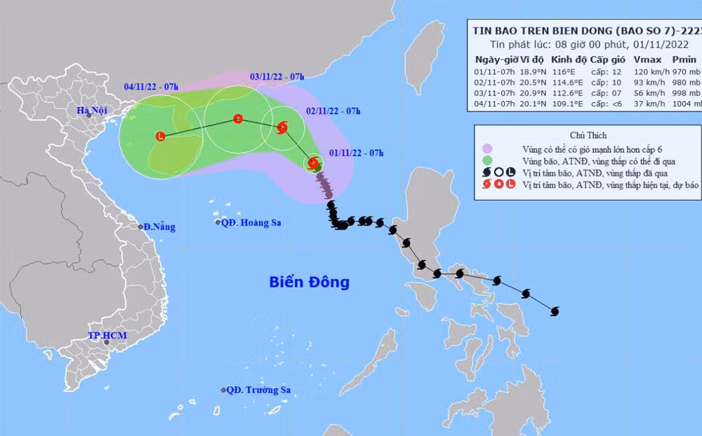 Vị trí và hướng di chuyển của bão số 7. (Nguồn: nchmf.gov.vn)
