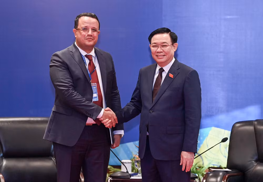 Chủ tịch Quốc hội Vương Đình Huệ và Phó Chủ tịch Quốc hội Algeria Monder Bouden tại buổi tiếp.
