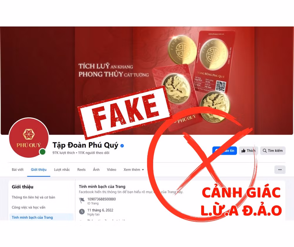 Một fanpage giả mạo thương hiệu Phú Quý để lừa đảo.