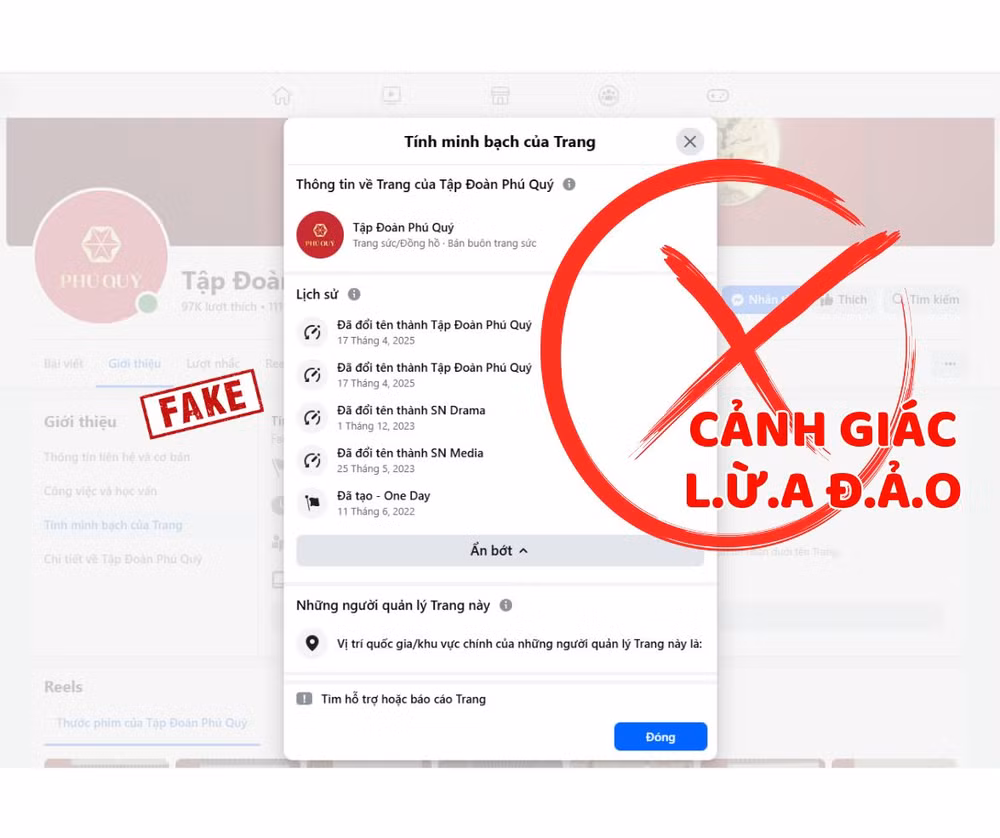 Một fanpage giả mạo thương hiệu Phú Quý để lừa đảo.