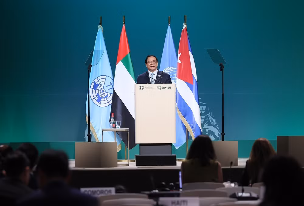 Thủ tướng Phạm Minh Chính phát biểu tại Hội nghị thượng đỉnh Nhóm G77 và Trung Quốc về biến đổi khí hậu. Ảnh: TTXVN