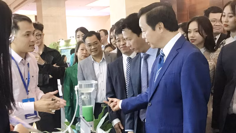 Phó Thủ tướng Chính phủ Trần Hồng Hà, lãnh đạo Bộ Tài nguyên và Môi trường và các đại biểu tham quan triển lãm của các doanh nghiệp tại Diễn đàn.