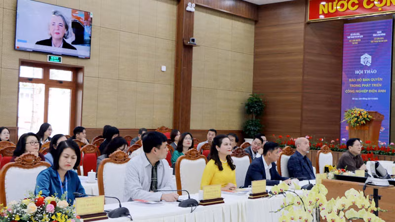 Các đại biểu nghe ý kiến phát biểu của bà Sylvie Forbin qua màn hình.