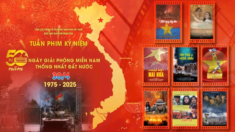Poster giới thiệu Tuần phim Kỷ niệm 50 năm Ngày giải phóng miền nam, thống nhất đất nước của Điện ảnh Quân đội nhân dân.