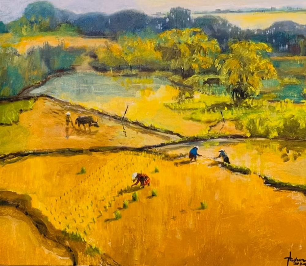 Tác phẩm "Buổi sớm ngày mùa", chất liệu Acrylic, kích thước 60cmx70cm.