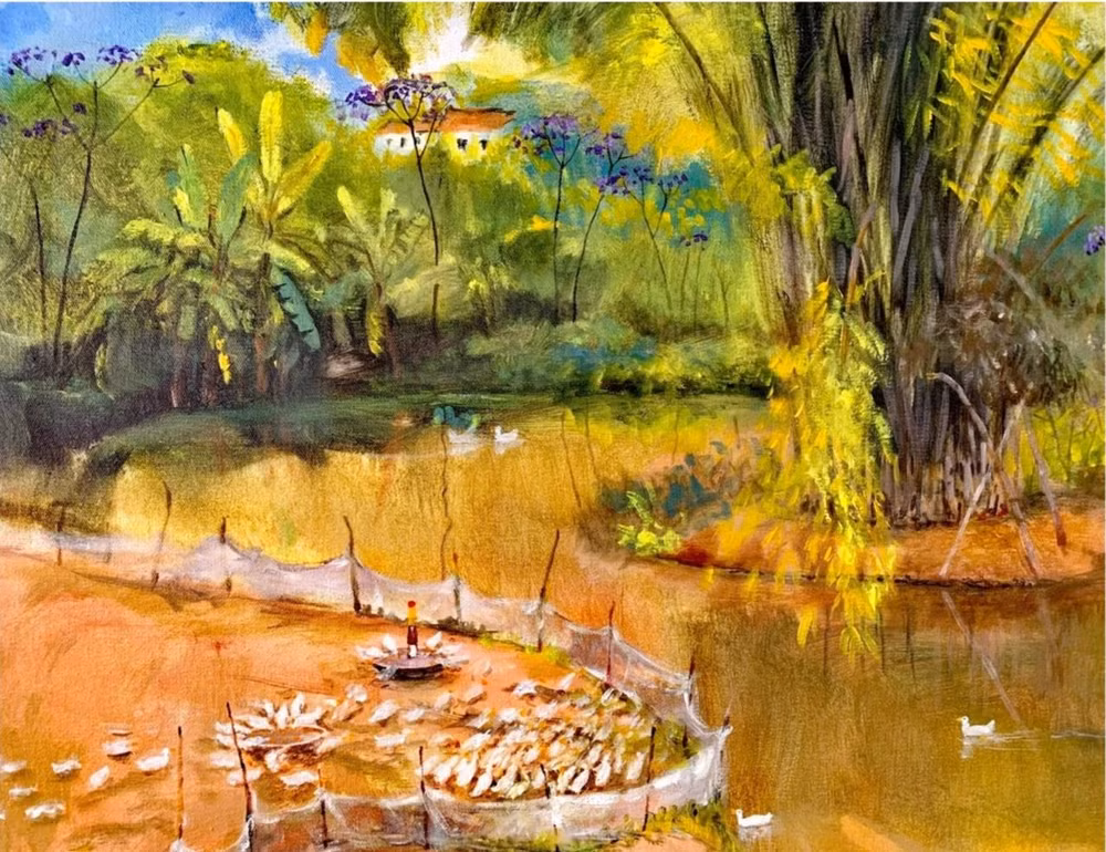 Một tác phẩm thuộc chuỗi chủ đề "Ao quê", chất liệu Acrylic, kích thước 136cmx186cm.