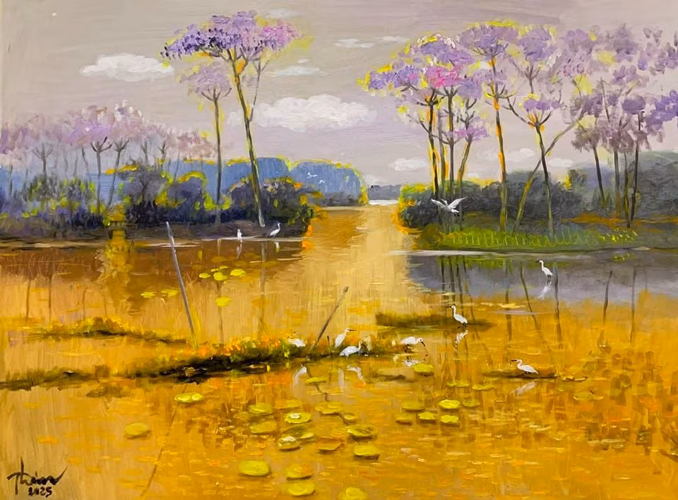 Tác phẩm "Đất lành chim đậu", chất liệu Acrylic, kích thước 60cmx80cm.