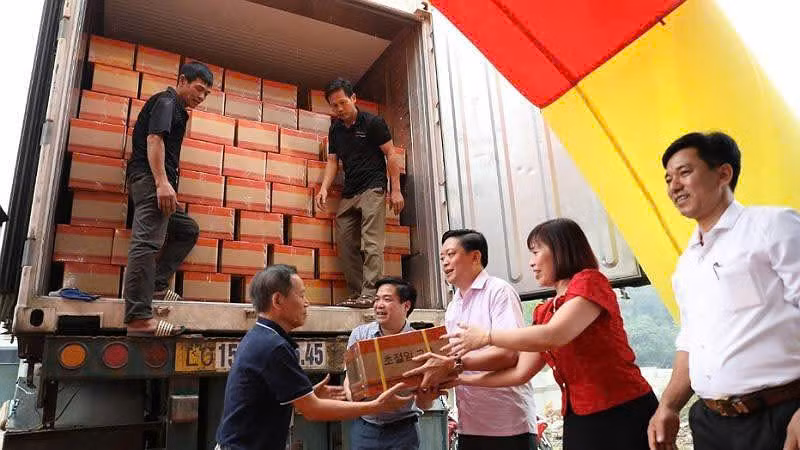 Lãnh đạo sở, ngành và Công ty cổ phần R.Y.B chuyển hàng cháo sen Bát Bảo lên xe xuất khẩu sang thị trường Hàn Quốc.