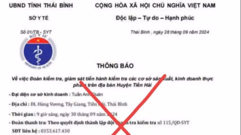 Nội dung công văn giả mạo Sở Y tế tỉnh Thái Bình được gửi đến cơ sở kinh doanh thực phẩm trên địa bàn huyện Tiền Hải (tỉnh Thái Bình).