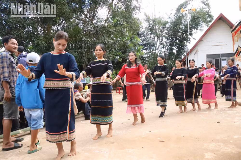 Hòa trong tiếng cồng chiêng ngân vang, các cô gái Xơ Đăng thể hiện những điệu múa truyền thống mềm mại, nhịp nhàng, uyển chuyển.
