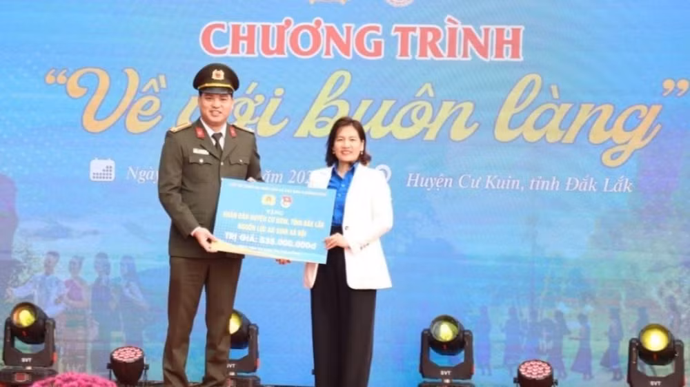 Thượng tá Đồng Đức Vũ, Trưởng Ban Thanh niên Công an nhân dân trao bảng tượng trưng số tiền 535 triệu đồng hỗ trợ an sinh xã hội cho nhân dân huyện Cư Kuin. Thượng tá Đồng Đức Vũ, Trưởng Ban Thanh niên Công an nhân dân trao bảng tượng trưng số tiền 535 triệu đồng hỗ trợ an sinh xã hội cho nhân dân huyện Cư Kuin.