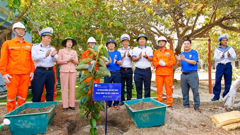 Lãnh đạo Bộ Y tế, Tập đoàn Điện lực Việt Nam trồng cây xanh trên đảo Trường Sa Lớn. (Ảnh: THANH VŨ)