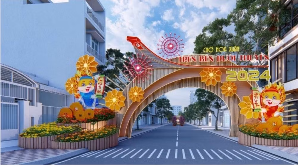 Cổng chào chính của chợ hoa "Trên bến dưới thuyền" tại bến Bình Đông (quận 8). (Ảnh: Ban tổ chức cung cấp)