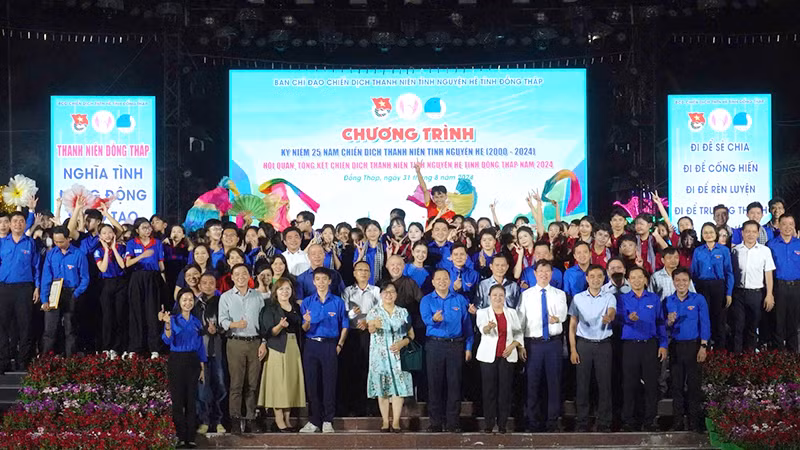 Đại biểu và các bạn đoàn viên, thanh niên chụp ảnh lưu niệm.