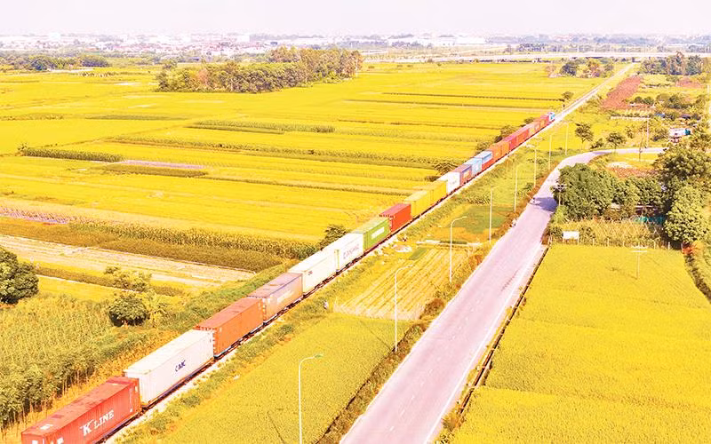 Ðoàn tàu chở hàng công-ten-nơ trên tuyến đường sắt bắc-nam. 