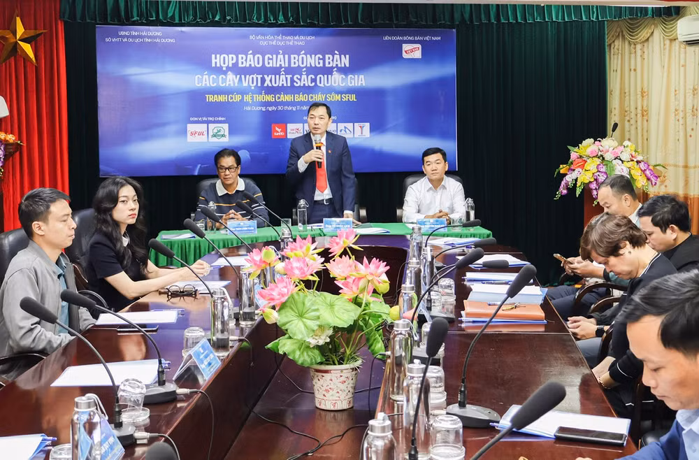 Quang cảnh họp báo Giải bóng bàn Các cây vợt xuất sắc quốc gia - SFUL 2024 tại Hải Dương.