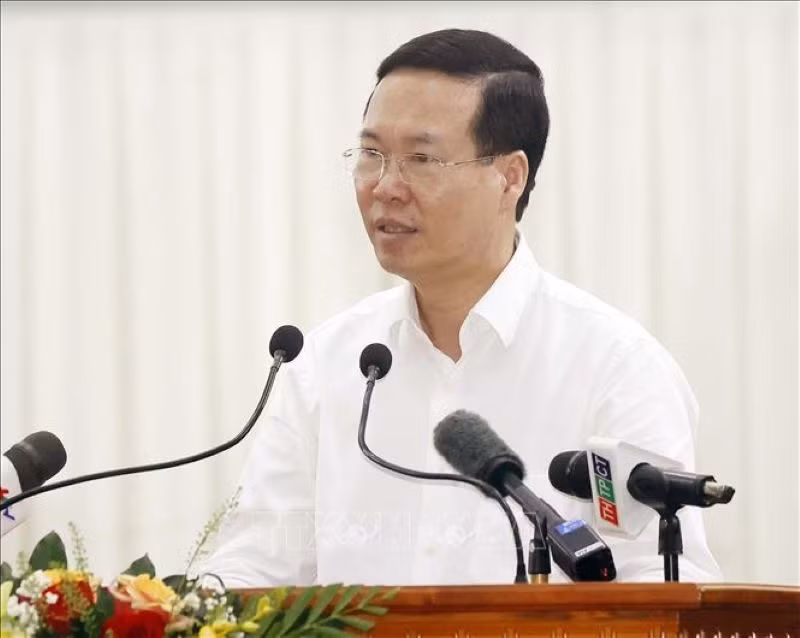 Chủ tịch nước Võ Văn Thưởng phát biểu tại buổi lễ. (Ảnh TTXVN)