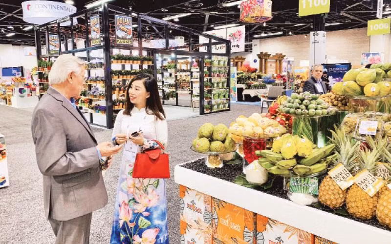 Tổng Giám đốc Công ty cổ phần Tập đoàn Xuất nhập khẩu trái cây Chánh Thu Ngô Tường Vy trao đổi với đối tác xuất khẩu trái cây tại Mỹ.