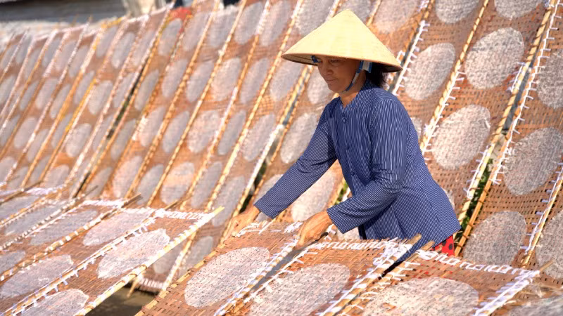 Người dân phơi bánh tại làng nghề bánh tráng Thuận Hưng.