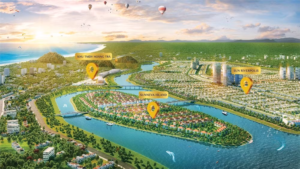 Quần thể “Thành phố hội nhập” gồm 3 mảnh ghép: Sunneva Island, Sun Riverpolis và khu thương mại dịch vụ Hoàng Trà. (Ảnh phối cảnh minh họa)