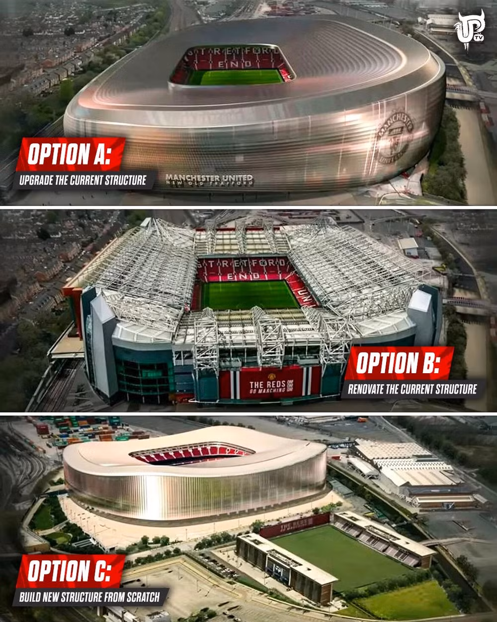 Nhiều phiên bản cải tạo khác nhau của Old Trafford đã được vẽ nên.