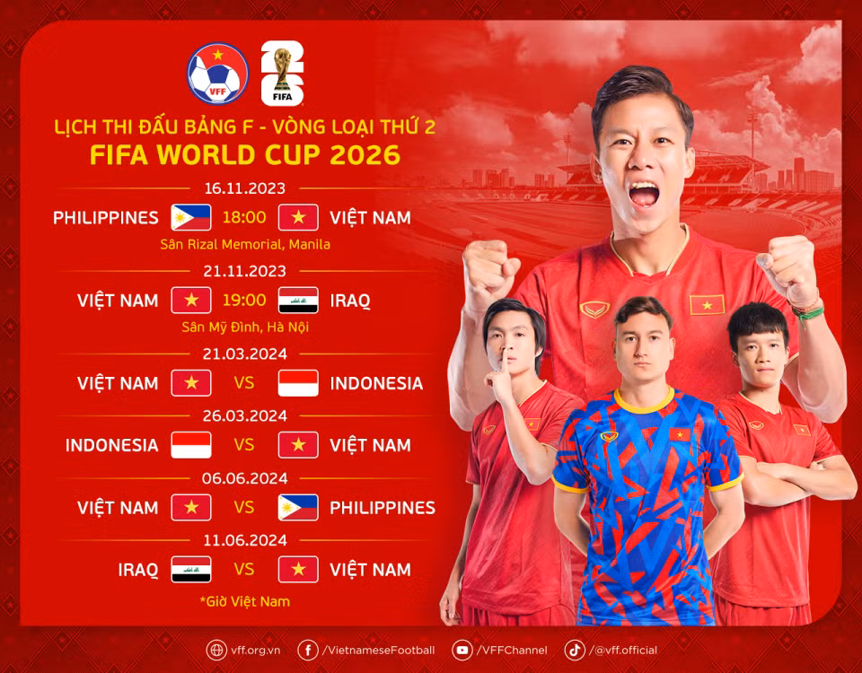 Lịch thi đấu bảng F - Vòng loại thứ hai khu vực châu Á World Cup 2026. (Ảnh: VFF) Lịch thi đấu bảng F - Vòng loại thứ hai khu vực châu Á World Cup 2026. (Ảnh: VFF)