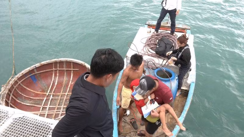 Đưa bệnh nhân mắc sốt huyết từ ghe nhỏ ra tàu cao tốc để chuyển vào đất liền cấp cứu.