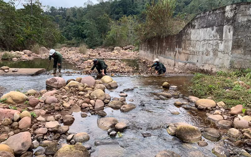 Vệ sinh đập đầu mối là công việc hằng ngày của công nhân đội cấp nước Mường Nhé, tỉnh Điện Biên.