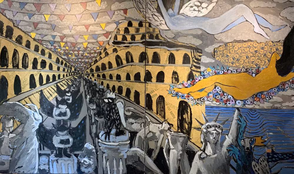 "Còn lại gì?", kích thước 180x300cm, chất liệu sơn dầu trên toan. "Còn lại gì?", kích thước 180x300cm, chất liệu sơn dầu trên toan.