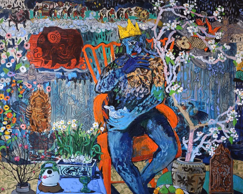 "Câu chuyện mùa xuân", kích thước 120x150cm, chất liệu tổng hợp. "Câu chuyện mùa xuân", kích thước 120x150cm, chất liệu tổng hợp.